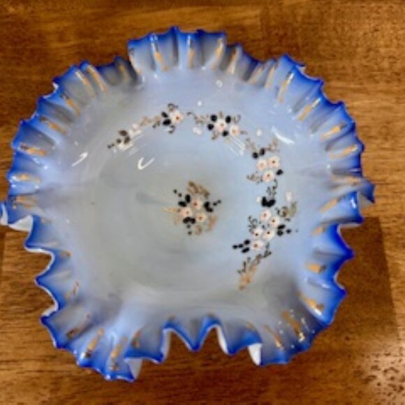Victorian Style Ruffle Milk Glass Bowl Hand Painted Floral Blue Edge Brides Bowl - Picture 2 of 5